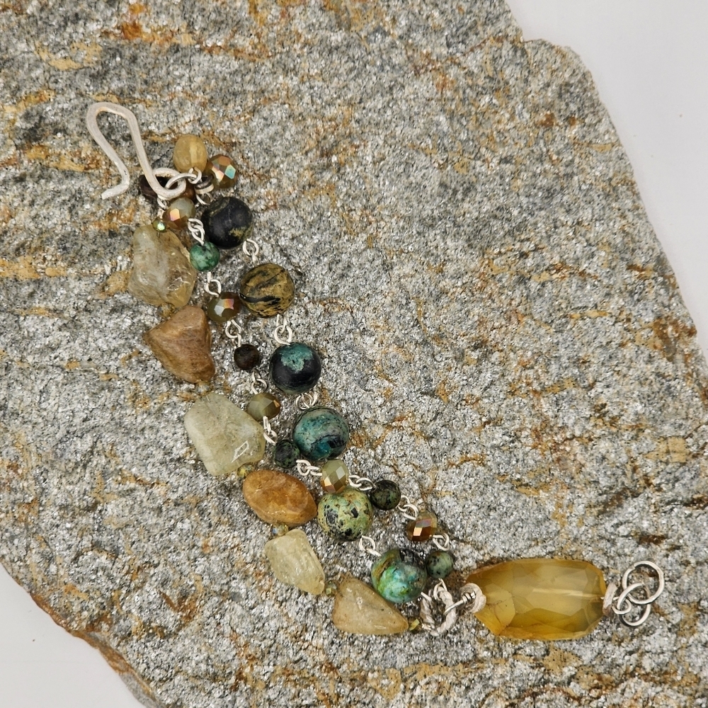 RAW CITRINE, AFRICAN TURQUOISE & CRYSTAL DANGLING HANDMADE BRACELET STERLING 6.5 - Picture 14 of 14